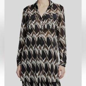 St. John Knits Black Brown White Silk Georgette Button-Down Tunic L Orig. $995